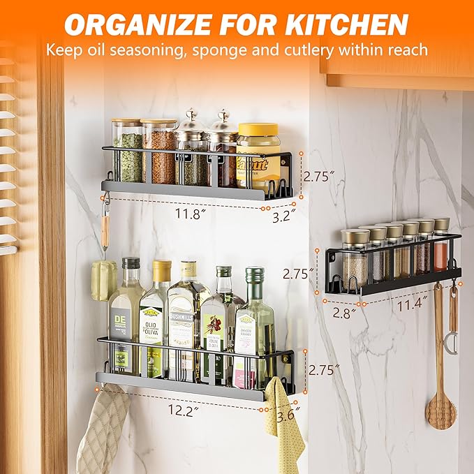 Wall Mounted Spice Rack Organizer (2 Pack) – Space Saving Kitchen Storage