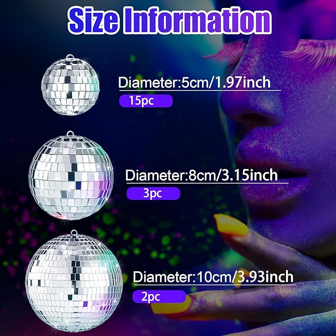 MTLEE 20 Pcs Disco Balls Decoration Mirror Disco Ball Assorted Silver Mini Glass Different Sizes Reflective with Rope for 70s Wedding Dance Music(4, 3. 2, 2 Inch)