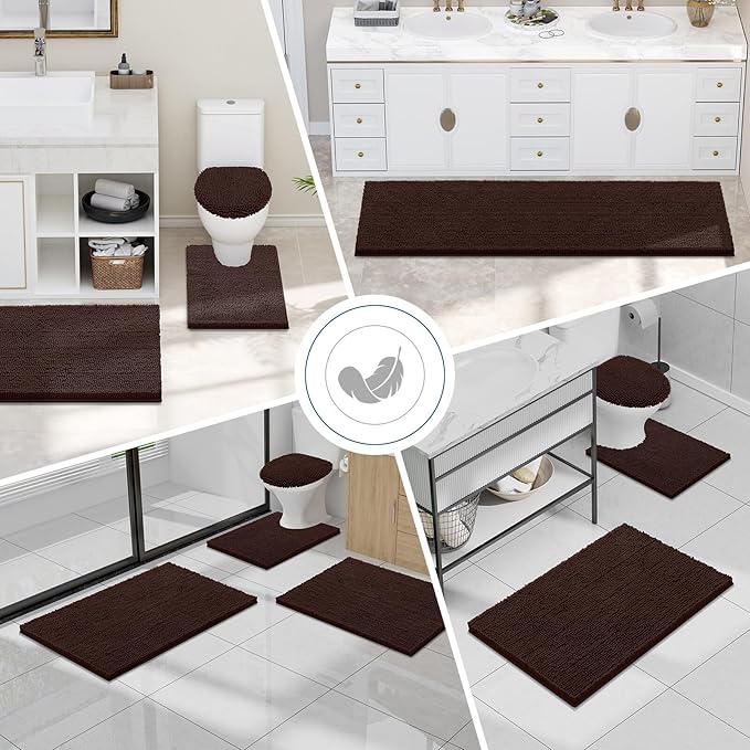 Smiry Luxury Chenille Bathroom Rugs 59x35, Extra Soft and Absorbent Shaggy Bath Mat, Machine Washable, Non-Slip Plush Carpet Runner for Tub, Shower, and Floor, Home Decor Accessories, Brown