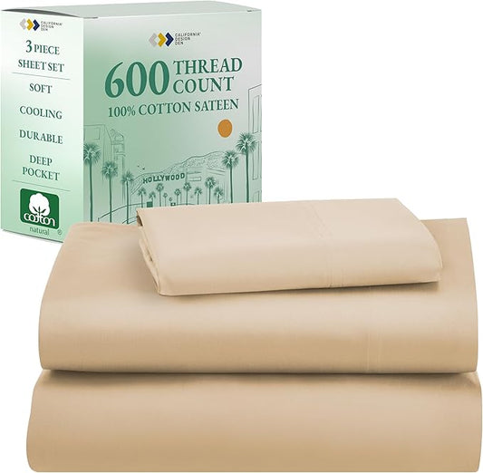 California Design Den Twin Bed Sheets 100% Cotton Sateen, 600 Thread Count, Soft, Cooling Twin Sheet Set, Hotel-Quality Bedding Sheets & Pillowcases (Golden Tan)