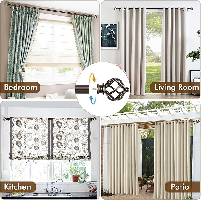 KAMANINA Bronze Curtain Rods for Windows 48 to 84 Inch, Adjustable Single Curtain Rod 32 to 86 Inch(2.6-7.1ft), 3/4 Inch Splicing Drapery Rods with Twisted Cage Finial