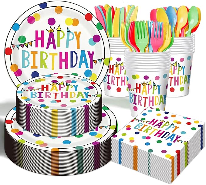 Happy Birthday Paper Plates and Napkins Sets - 350 Pcs Polka Dots Happy Birthday Party Supplies Tableware Set, Disposable Plates Napkins Kit for Boys Girls Birthday Party Decorations, Serves 50