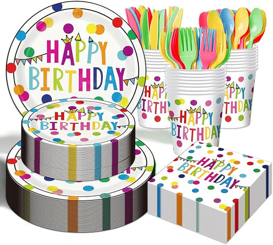 Happy Birthday Paper Plates and Napkins Sets - 350 Pcs Polka Dots Happy Birthday Party Supplies Tableware Set, Disposable Plates Napkins Kit for Boys Girls Birthday Party Decorations, Serves 50