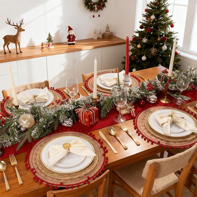 WDF 25Guest Gold Plastic Plates - Heavy Duty Christmas Plastic Plates Dinnerware - Include 25 Dinner Plate 25 Salad Plates 50 Forks 25 Knives 25 Spoons 25 Cups 25 Mini Forks for Christmas/Weddiing
