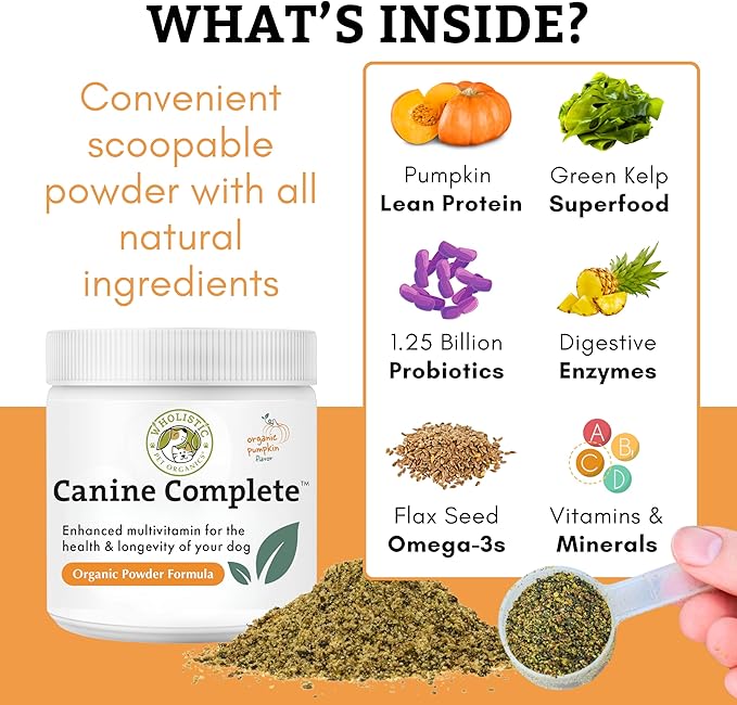 Wholistic Pet Organics Canine Complete - Dog Multivitamin Powder - 1 Lb - Daily Dog Vitamins and Supplements for Homemade Food - Immune System, Skin, Coat & Overall Health - All Breeds - 45 Scoops