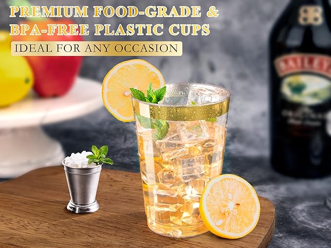 Ciaell 120PCS Gold Plastic Cups - 12Oz Heavy Duty Plastic Cup - Disposable Gold Rimmed Cups - Premium Gold Rim Cup Perfect for Wedding & Party & Christmas