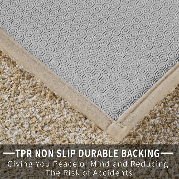 Yimobra Long Bathroom Rug Non Slip Washable, Soft Absorbent Microfiber Bath Mat, Dual-Tone Decor Rug with Rubber Backing for Bathroom Floor,Tub and Shower,47x24,Home Essentials,Light Beige and White