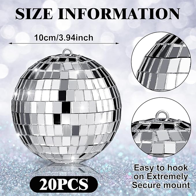 MTLEE 20 Pcs Disco Balls Decoration Mirror Disco Ball Assorted Silver Mini Glass Different Sizes Reflective with Rope for 70s Wedding Dance Music(4 Inch)