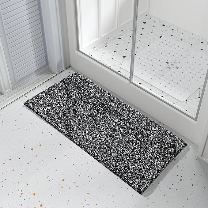 Yimobra Long Bathroom Rug Non Slip Washable, Soft Absorbent Microfiber Bath Mat, Dual-Tone Decor Rug with Rubber Backing for Bathroom Floor Tub and Shower,44x24,Home Essentials,Black and White