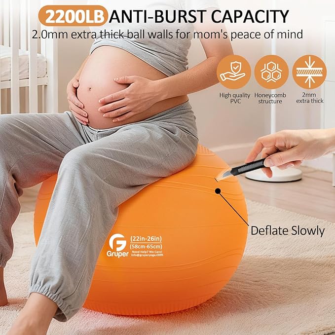 Gruper Yoga Ball, Multiple Sizes Non Slip Exercise Ball for Workout, Birthing, Balance, Stability, Pregnancy, 2200LB Capacity, Anti Burst Chair for Home and Office, Includes Quick Pump & Fitness Guide
