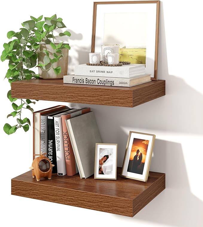 Axeman 16Inch Floating Shelves for Wall, 2 Pack Shelves for Bedroom, Bathroom, Kitchen, Hanging Wall Mounted Rustic Wood Shelf with Invisible Brackets for Books Decor, Walnut