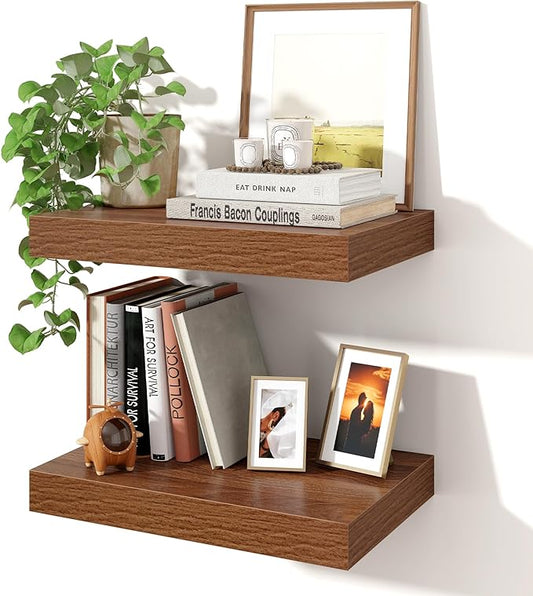 Axeman 16Inch Floating Shelves for Wall, 2 Pack Shelves for Bedroom, Bathroom, Kitchen, Hanging Wall Mounted Rustic Wood Shelf with Invisible Brackets for Books Decor, Walnut