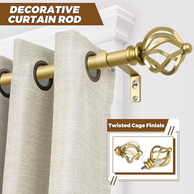 KAMANINA Gold Curtain Rods for Windows 72 to 144 Inch, Long Curtain Rod 32 to 144 Inches (2.6-12ft), 6/8 In Splicing Adjustable Single Drapery Rod with Twisted Cage Finial