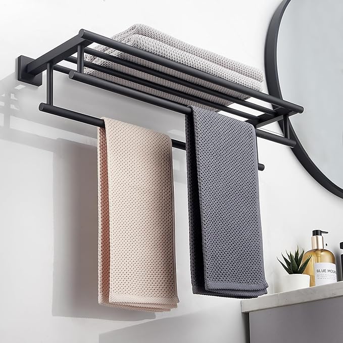 Towel Rack for Bathroom 24 Inch Wall Mounted Towel Rack Matte Black Towel Shelf with Double Towel Bar SUS304 Stainless Steel Towel Holder for Bathroom Wall Hotel Towel Rail