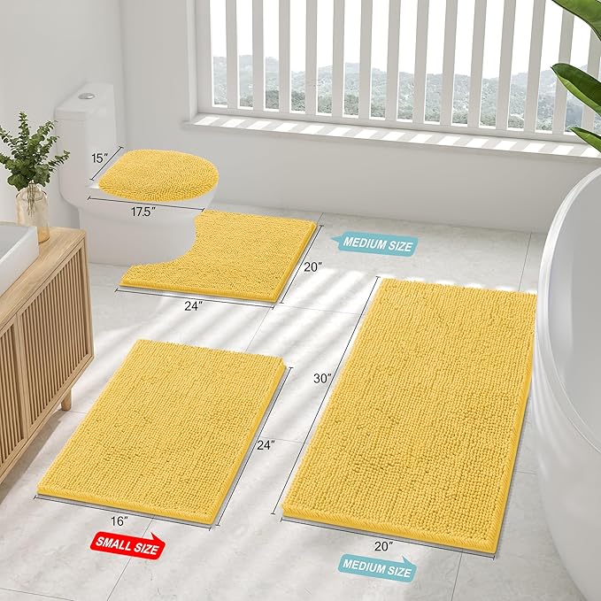 Smiry Luxury Chenille Bathroom Rugs 47x24, Extra Soft and Absorbent Shaggy Bath Mat, Machine Washable, Non-Slip Plush Carpet Runner for Tub, Shower, and Floor, Home Decor Accessories, Yellow