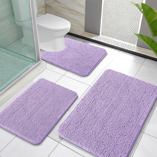 OLANLY Bathroom Rugs Sets 3 Piece, Soft Absorbent Chenille Bath Mats and U-Shaped Contour Toilet Rug, Quick Dry, Home Decor Accessories, Bath Mat Set for Bathroom (30"x20"+24"x16"+24"x20", Lavender)