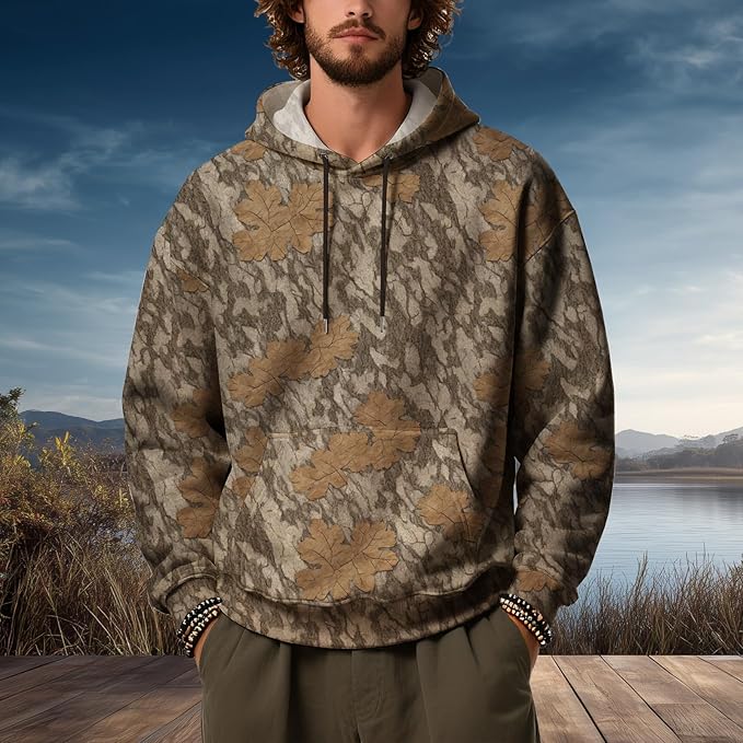 Mens Camo Hoodies Maple Leaf Graphic Camouflage Pullover Sweatshirts Hooded Fleece Casual Hunting Fall Outfits