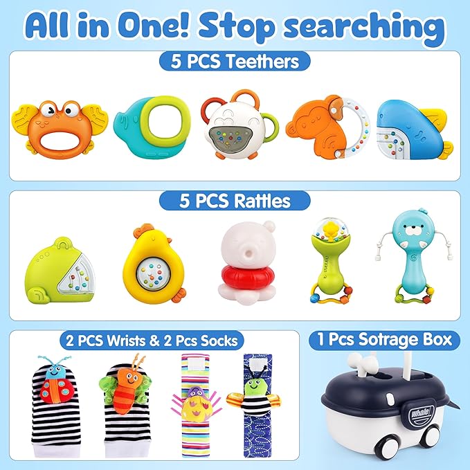 Baby Rattles 0-6 Months | Sensory Toys for Infants 6-12 Month, Wrist Rattle Socks, Foot Finder & Teething Toys | Newborn Toys Gift for Boys and Girls, Baby Shower Gifts Christmas Stocking Stuffers