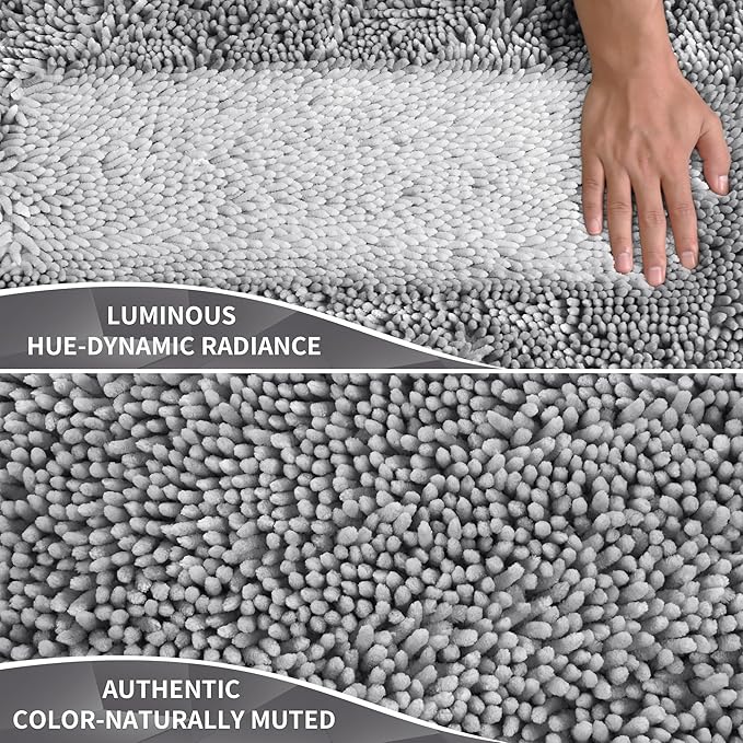 Yimobra Long Bathroom Rug Non Slip 44x24 Inch, Extra Thick Soft Absorbent Chenille Bath Mat, Machine Washable Bath Rugs for Bathroom Floor, Tub and Shower, Home Decor Accessories, Light Grey