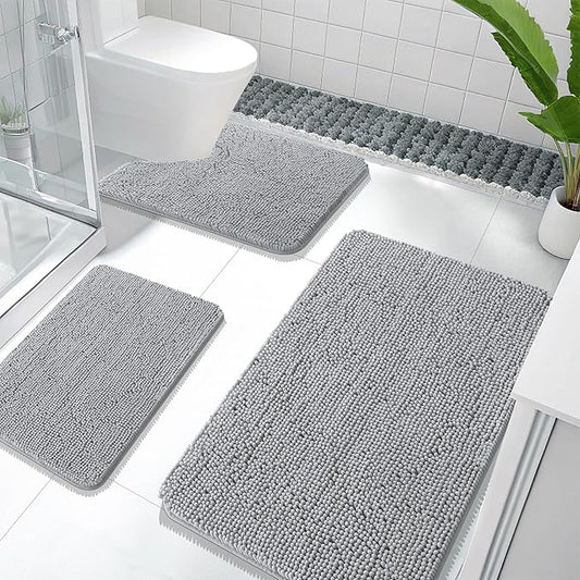 OLANLY Bathroom Rugs Sets 3 Piece, Soft Absorbent Chenille Bath Mats and U-Shaped Contour Toilet Rug, Quick Dry, Home Decor Accessories, Bath Mat Set for Bathroom (36"x24"+24"x16"+24"x20", Light Grey)