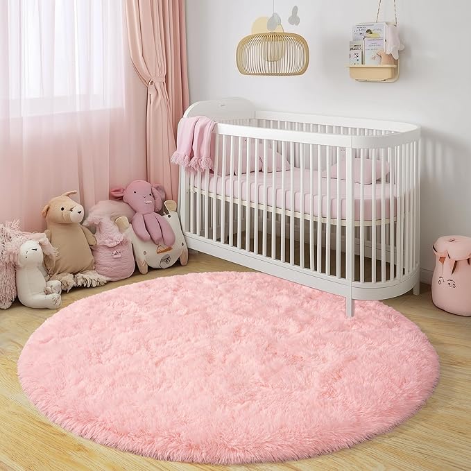 Round Fluffy Rugs 6Ft for Girls Bedroom, Pink Shag Circle Kids Rug Non-Slip for Bedside Dorm Nursery Playroom, Soft Cute Area Rugs for Living Room Decor