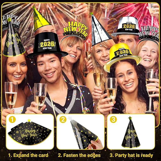 96PCS Party Supplies - New Years Headbands, Hats & Noisemakers for 48 People - Plastic Party Favors, Cone Hats, Horns