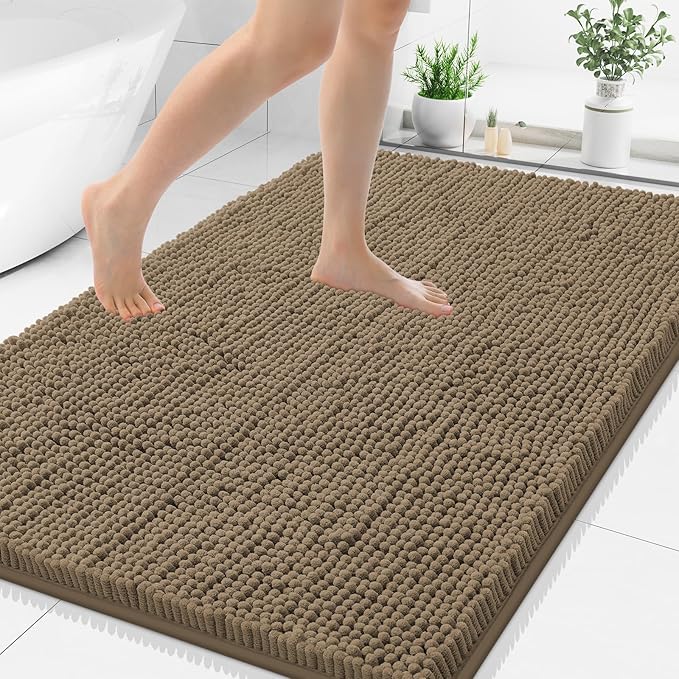 Smiry Luxury Chenille Bathroom Rugs 40x32, Extra Soft and Absorbent Shaggy Bath Mat, Machine Washable, Non-Slip Plush Carpet Runner for Tub, Shower, and Floor, Home Decor Accessories, Camel