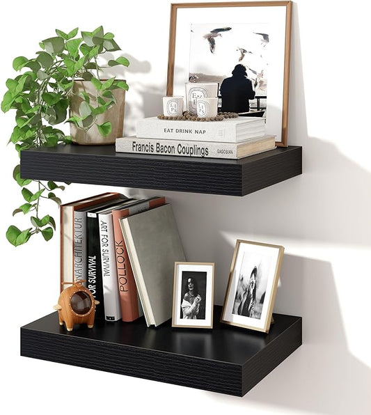 Axeman 16Inch Floating Shelves for Wall, 2 Pack Shelves for Bedroom, Bathroom, Kitchen, Hanging Wall Mounted Rustic Wood Shelf with Invisible Brackets for Books Decor, Black