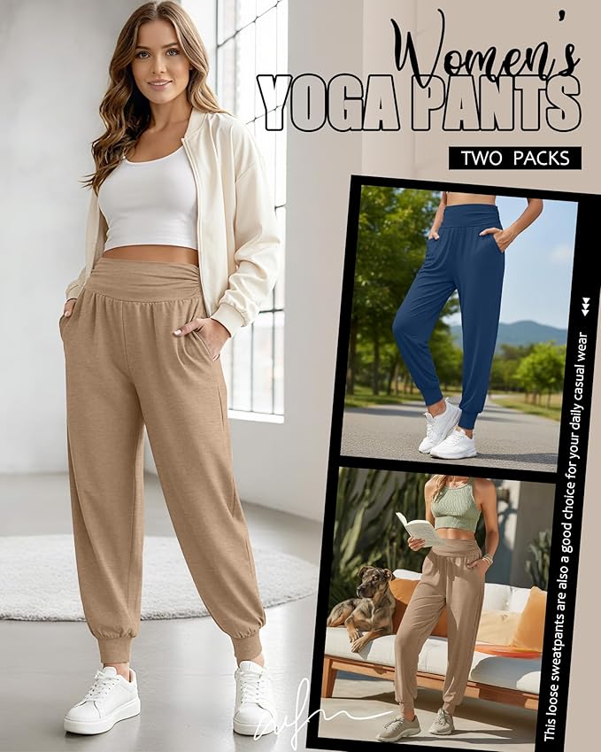2 Pack Women's Yoga Joggers, Cozy Sweatpants with Pockets Casual Loose Comfy High Waisted Lounge Pants