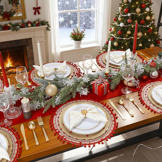 WDF 25Guest Gold Plastic Plates - Heavy Duty Christmas Plastic Plates Dinnerware - Include 25 Dinner Plate 25 Salad Plates 50 Forks 25 Knives 25 Spoons 25 Cups 25 Mini Forks for Christmas/Weddiing