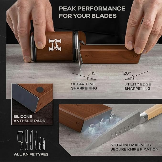 High Carbon Stainless Steel Rolling Knife Sharpener Kit – 400, 1000 & 3000 Grit Discs –15° & 20° Sharpening Angles – Professional & Home Kitchen Use – Restores Blunt Knives