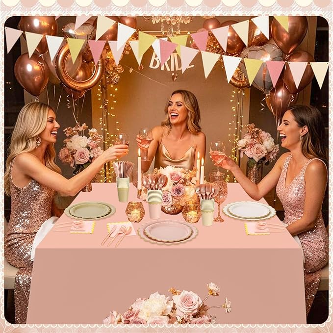 Mimorou 342 Pcs Champagne-Gold Beige Party Supplies Rose Gold Tableware Paper Disposable Plates Napkins Cups Plastic Tablecloth Pink Boho Triangle Banner for Wedding Bachelorette Birthday