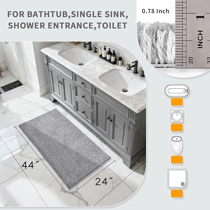 Yimobra Long Bathroom Rug Non Slip Washable, Soft Absorbent Microfiber Bath Mat, Dual-Tone Decor Rug with Rubber Backing for Bathroom Floor Tub and Shower,44x24,Home Essentials,Grey and White