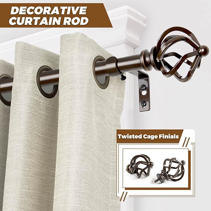 KAMANINA 2 Pack Curtain Rods 32 to 86 Inches (2.6-7.1ft), 3/4 Inch Curtain Rods for Windows Splicing Adjustable Single Drapery Rod with Twisted Cage Finial, for Indoor and Outdoor, Bronze