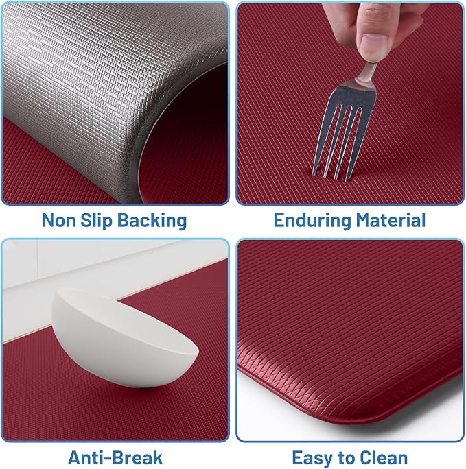 StepLively Kitchen Mat, 2 PCS Kitchen Rugs, Cushioned Kitchen Mats for Floor, Anti Fatigue Kitchen Rug Set, Non-Skid Standing Mat for Kitchen, Office, Sink, 17.3"×30"+17.3"×47", Red