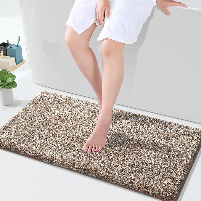 Yimobra Large Bathroom Rugs Non Slip Washable, Soft Absorbent Microfiber Bath Mat,Dual-Tone Decor Rug with Rubber Backing for Bathroom Floor,Tub and Shower,36x24,Home Essentials,Brown and White