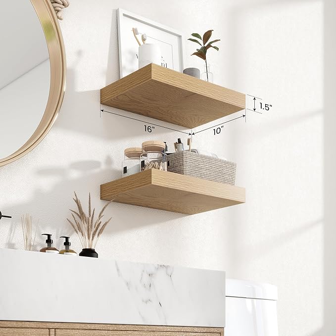 Axeman 16Inch Floating Shelves for Wall, 2 Pack Shelves for Bedroom, Bathroom, Kitchen, Hanging Wall Mounted Rustic Wood Shelf with Invisible Brackets for Books Decor, Oak