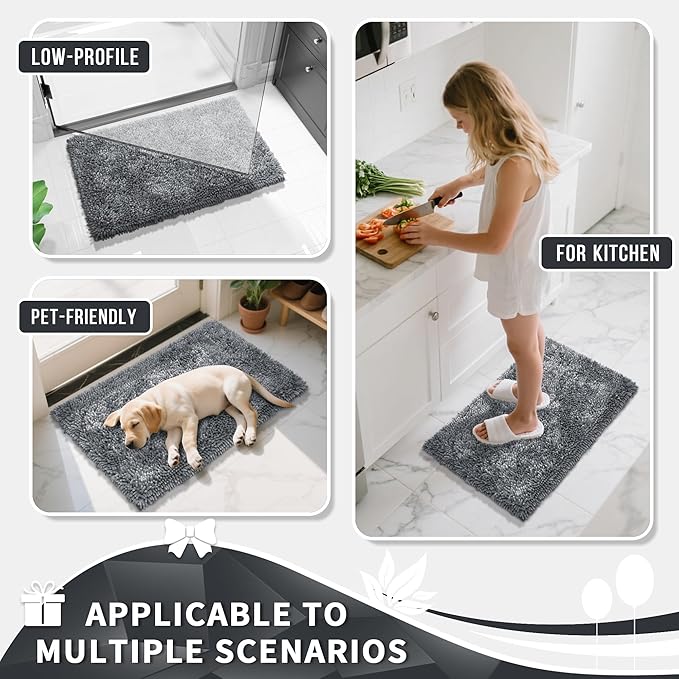 Yimobra Luxury Chenille Bathroom Rug Mat, Extra Soft and Absorbent Shaggy Bath Rugs Non Slip, Machine Washble Dry, Plush Floor Carpet for Tub, Shower, and Bath Room, 44x24 Inch, Silver