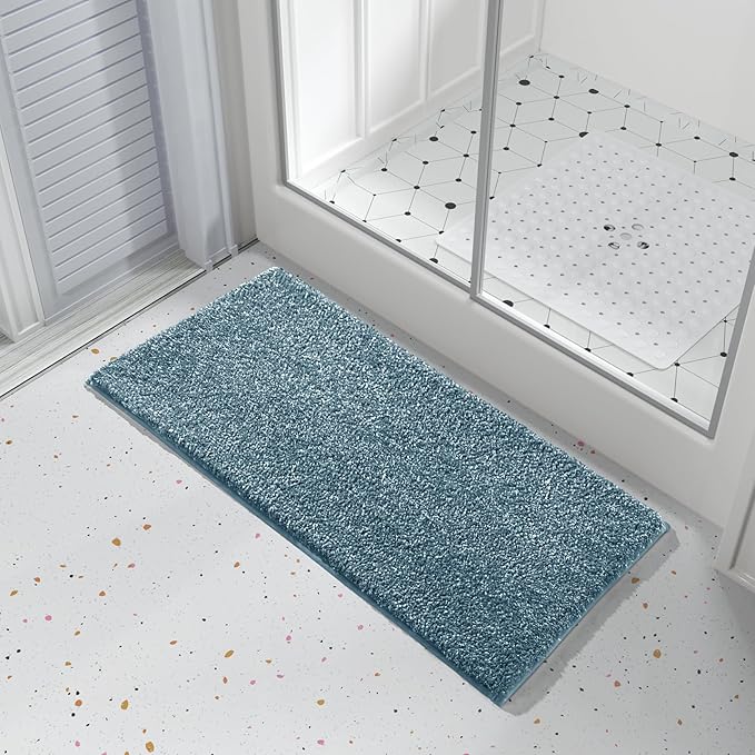 Yimobra Long Bathroom Rug Non Slip Washable, Soft Absorbent Microfiber Bath Mat, Dual-Tone Decor Rug with Rubber Backing for Bathroom Floor Tub and Shower,44x24,Home Essentials,Denim Blue