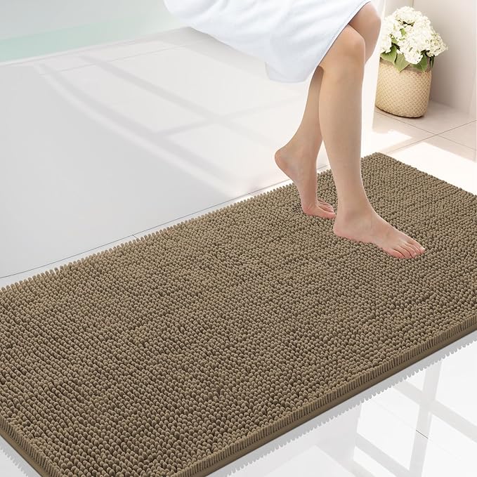 Smiry Luxury Chenille Bathroom Rugs 47x24, Extra Soft and Absorbent Shaggy Bath Mat, Machine Washable, Non-Slip Plush Carpet Runner for Tub, Shower, and Floor, Home Decor Accessories, Camel