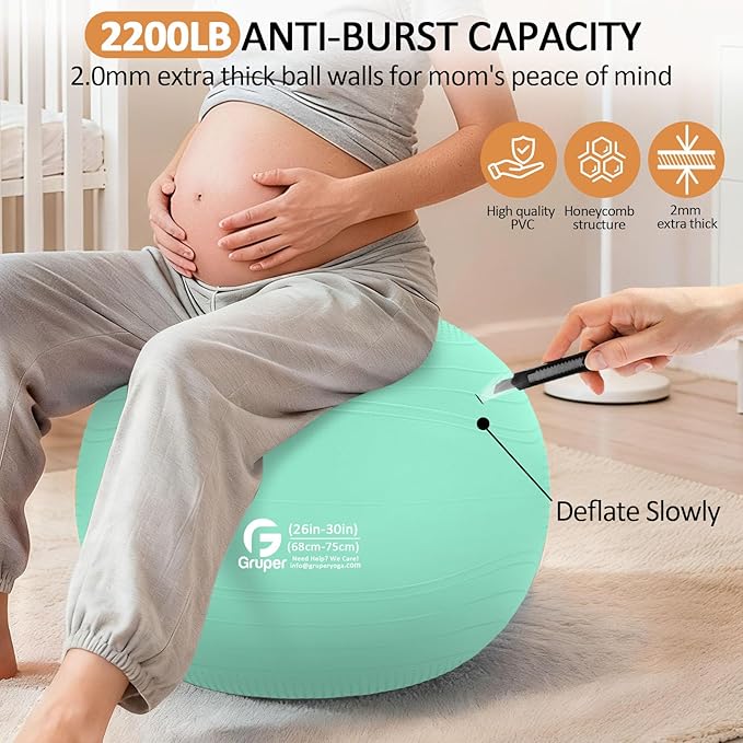 Gruper Yoga Ball, Multiple Sizes Non Slip Exercise Ball for Workout, Birthing, Balance, Stability, Pregnancy, 2200LB Capacity, Anti Burst Chair for Home and Office, Includes Quick Pump & Fitness Guide