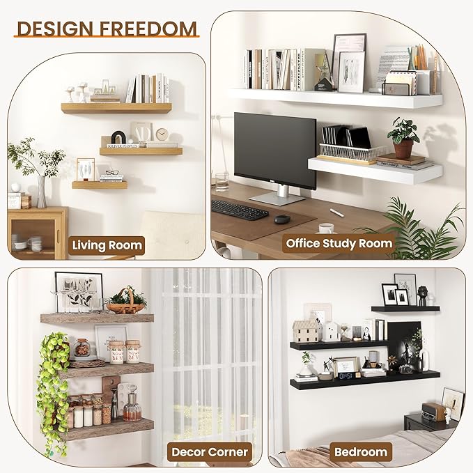 Axeman 16Inch Floating Shelves for Wall, 2 Pack Shelves for Bedroom, Bathroom, Kitchen, Hanging Wall Mounted Rustic Wood Shelf with Invisible Brackets for Books Decor, Walnut