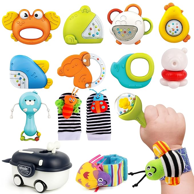 Baby Rattles 0-6 Months | Sensory Toys for Infants 6-12 Month, Wrist Rattle Socks, Foot Finder & Teething Toys | Newborn Toys Gift for Boys and Girls, Baby Shower Gifts Christmas Stocking Stuffers