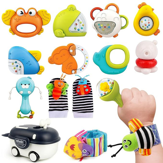 Baby Rattles 0-6 Months | Sensory Toys for Infants 6-12 Month, Wrist Rattle Socks, Foot Finder & Teething Toys | Newborn Toys Gift for Boys and Girls, Baby Shower Gifts Christmas Stocking Stuffers