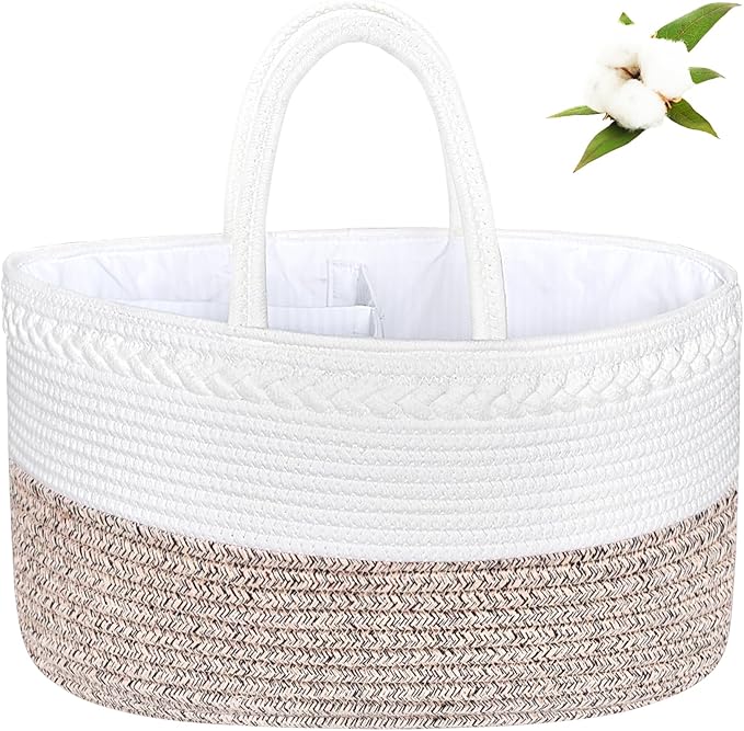 ABenkle X-Large Diaper Caddy Organizer, Boho Rustic Cotton Rope Nursery Baby Basket, Changing Table Organizer for Baby Diaper Storage and Baby Shower