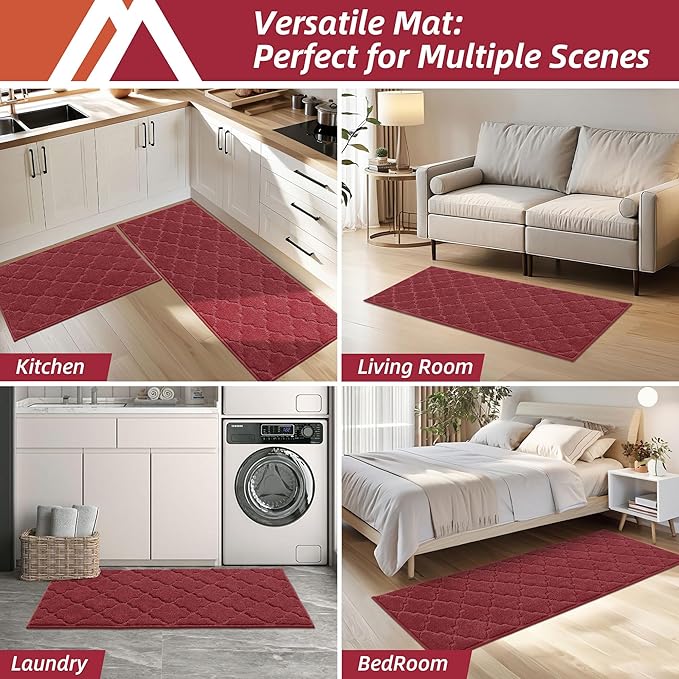 COSY HOMEER Soft Kitchen Floor Mats for in Front of Sink Super Absorbent Kitchen Rugs and Mats 20"x79" Non-Skid Kitchen Mat Standing Mat Washable,Polyester,Red