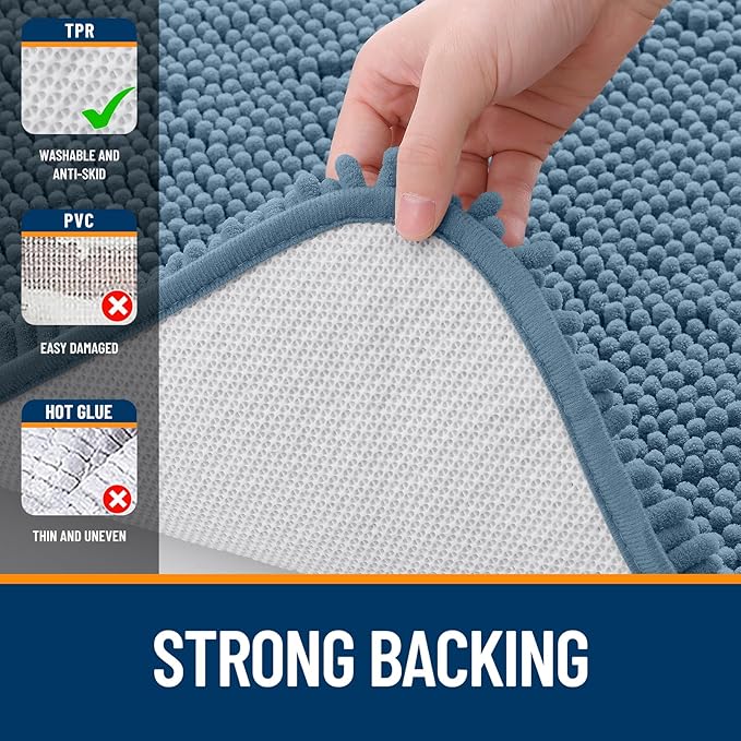 OLANLY Bathroom Rugs 47x24, Extra Soft Absorbent Chenille Bath Rugs, Rubber Backing Quick Dry, Machine Washable Bath Mats for Bathroom Floor, Tub and Shower, Home Decor Accessories, Airy Blue