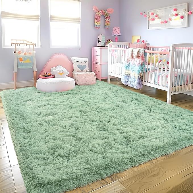 Super Fluffy Rug for Bedroom, 4x6 Shag Fuzzy Area Rug for Living Room Bedroom, Plush Soft Carpet for Girls Boys Kids, Non Slip Throw Rugs for Dorm, Modern Home Decor Aesthetic, Sage Green
