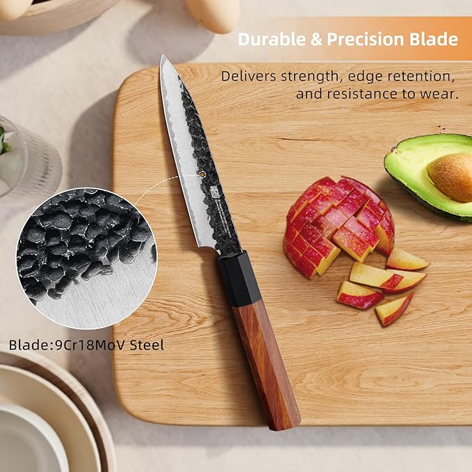 FINDKING Dynasty Series Kitchen Utility Knife, Multi-Purpose Japanese Paring Knife, 9Cr18MoV High Carbon Steel Blade, African Rosewood Octagonal Handle, Small, for Fruits Vegetables, 5 Inches