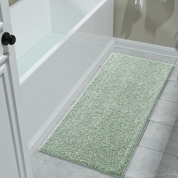 Yimobra Long Bathroom Rug Non Slip Washable, Soft Absorbent Microfiber Bath Mat, Dual-Tone Decor Rug with Rubber Backing for Bathroom Floor,Tub and Shower,47x24,Home Essentials,Green and White